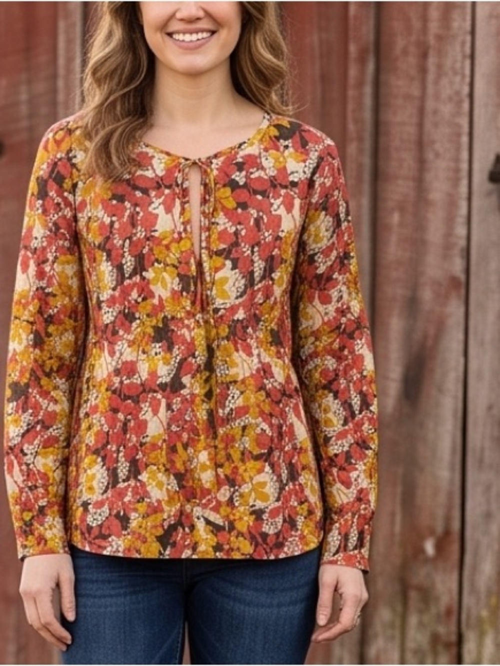 Eddie Bauer Long-Sleeve Floral Tunic in Rust, Mustard & Cream